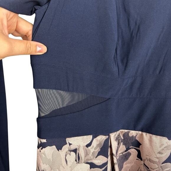 Xscape Navy Blue Brocade Floral High Low Formal Long Sleeve Midi Gown Size 18W - Picture 4 of 14